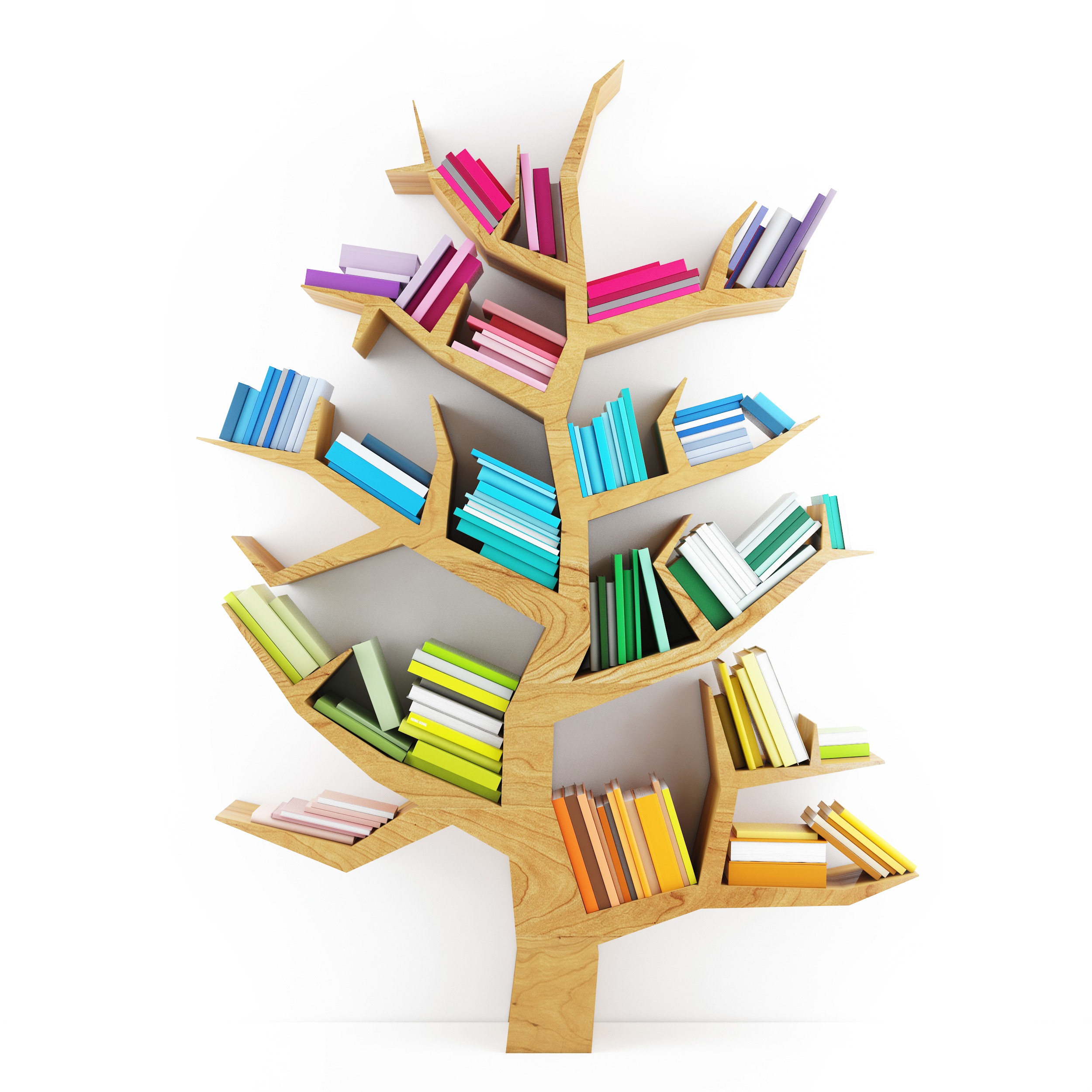 Bücherbaum aus Holz mit bunten Büchern
